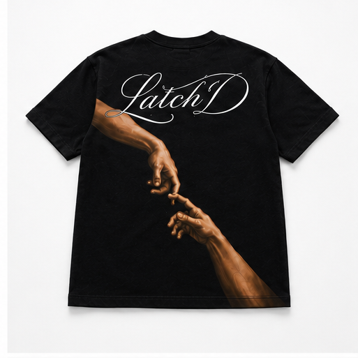 Black t-shirt with 'LatchD' logo and design on a white background